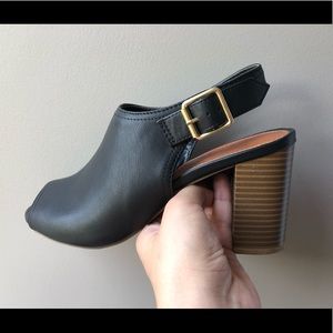 Black open toed block heel booties